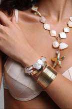 Coastal Shell Starfish Necklace & Multi-Layer Gold Shell Cuff Bracelet Stack Set Flowering Girl