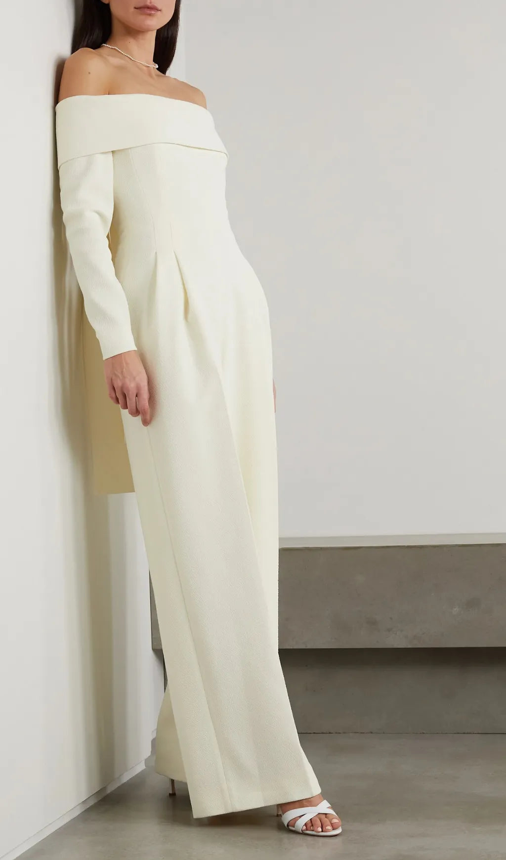 Vesper Off-The-Shoulder Crepe Jumpsuit In Ivory Flowering Girl