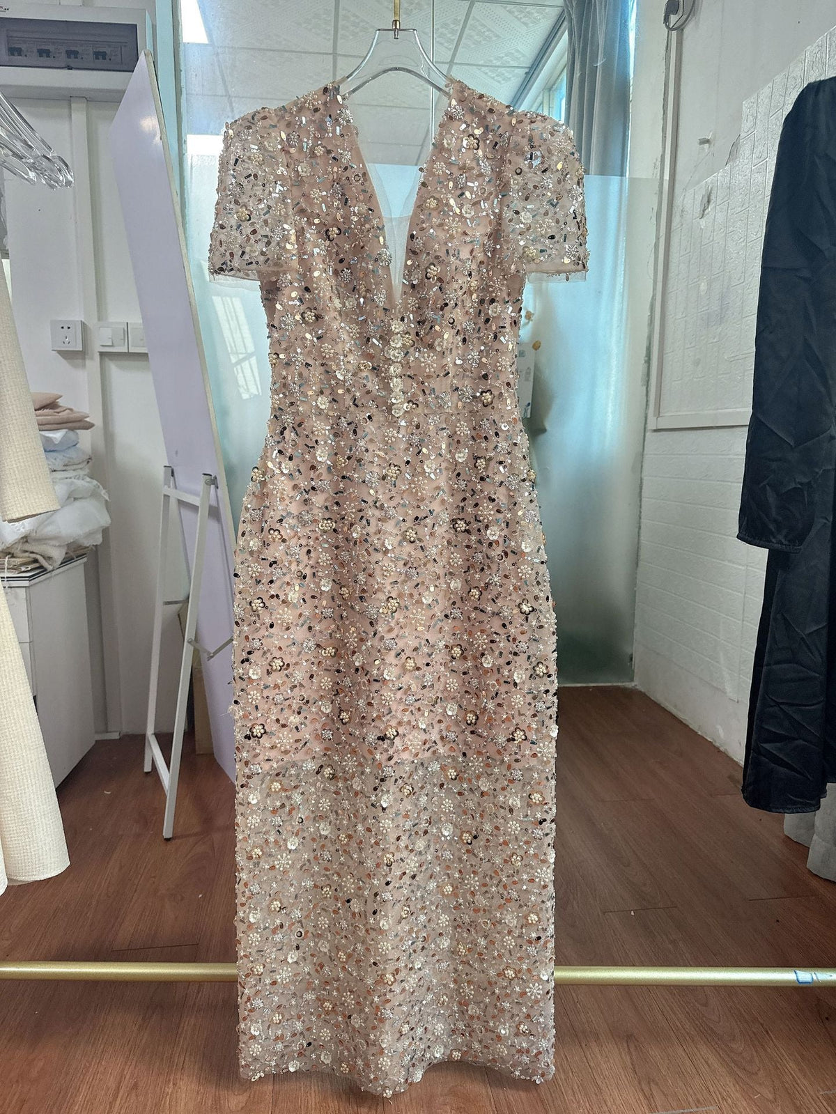 Sleeveless Flower Embroidery Midi Dress In Beige Flowering Girl