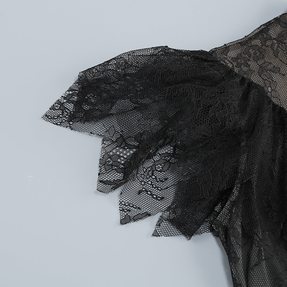 Black Floral Lace Fit-And-Flare Dress Flowering Girl