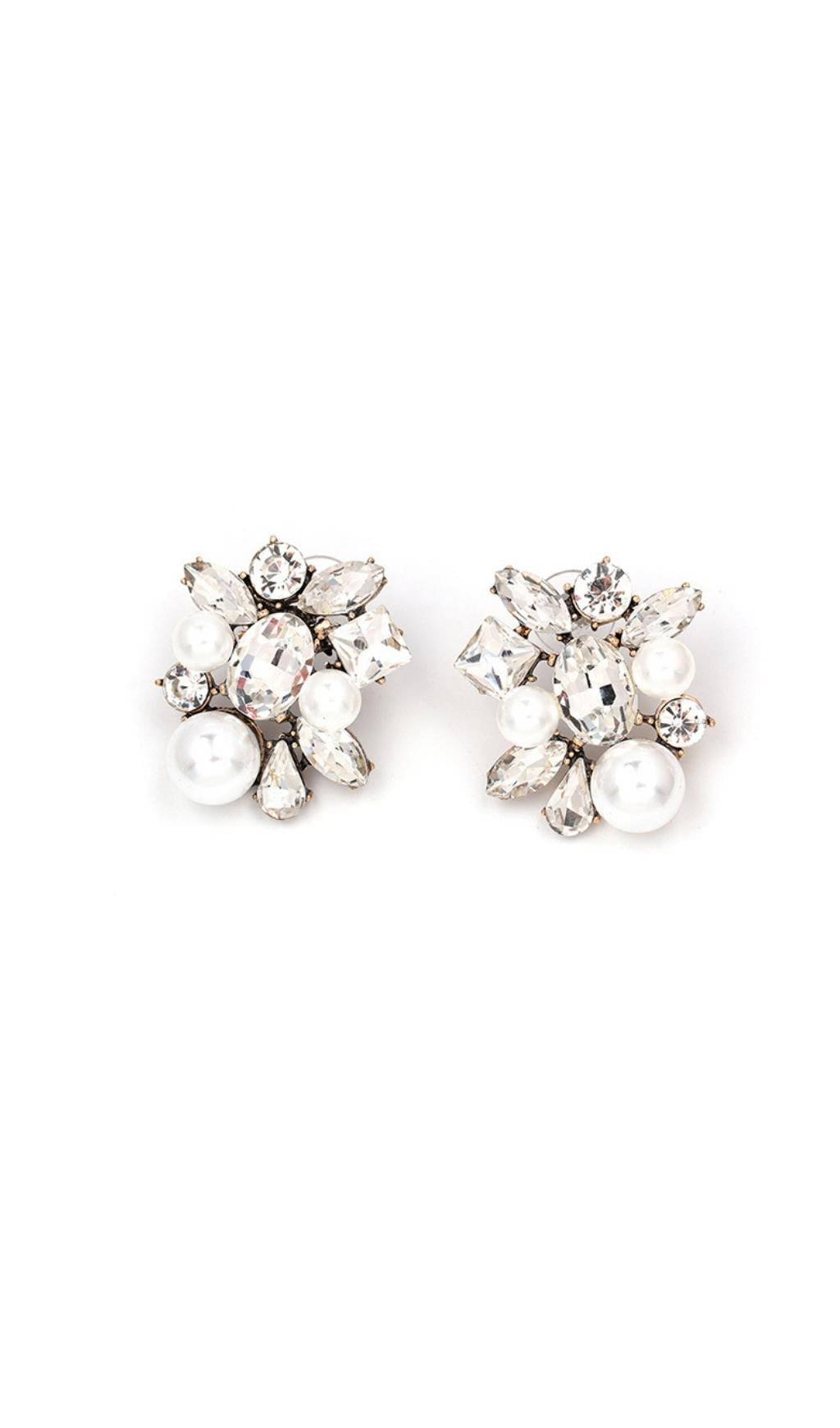 Almudena Silver Vintage Pearl Rhinestone Earrings Flowering Girl
