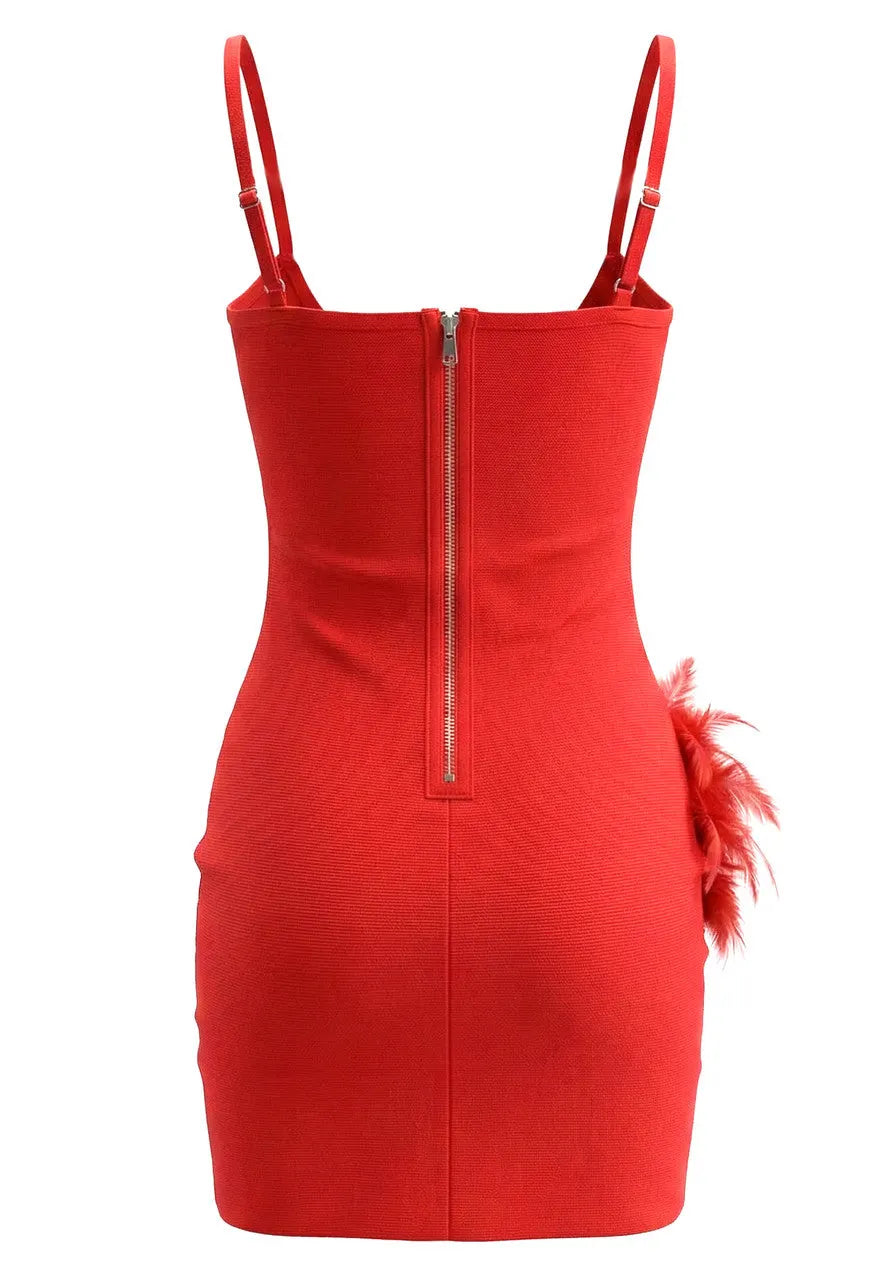 Hedy Rhinestone Feather Bandage Strappy Mini Dress - Red Flowering Girl