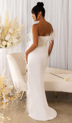Feather Strapless Maxi Dress In White Flowering Girl