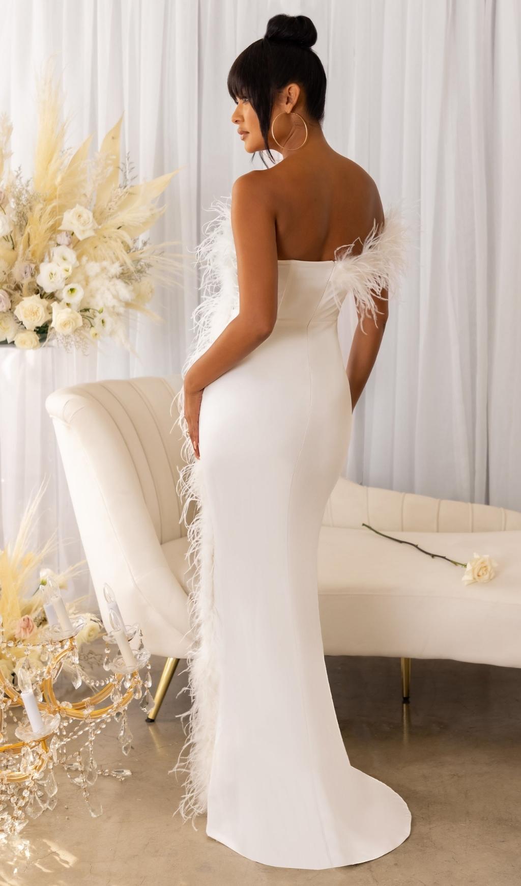 Feather Strapless Maxi Dress In White Flowering Girl