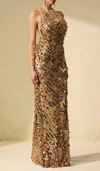 Jennifer Gold Sequin Fishnet Backless Maxi Dress Flowering Girl