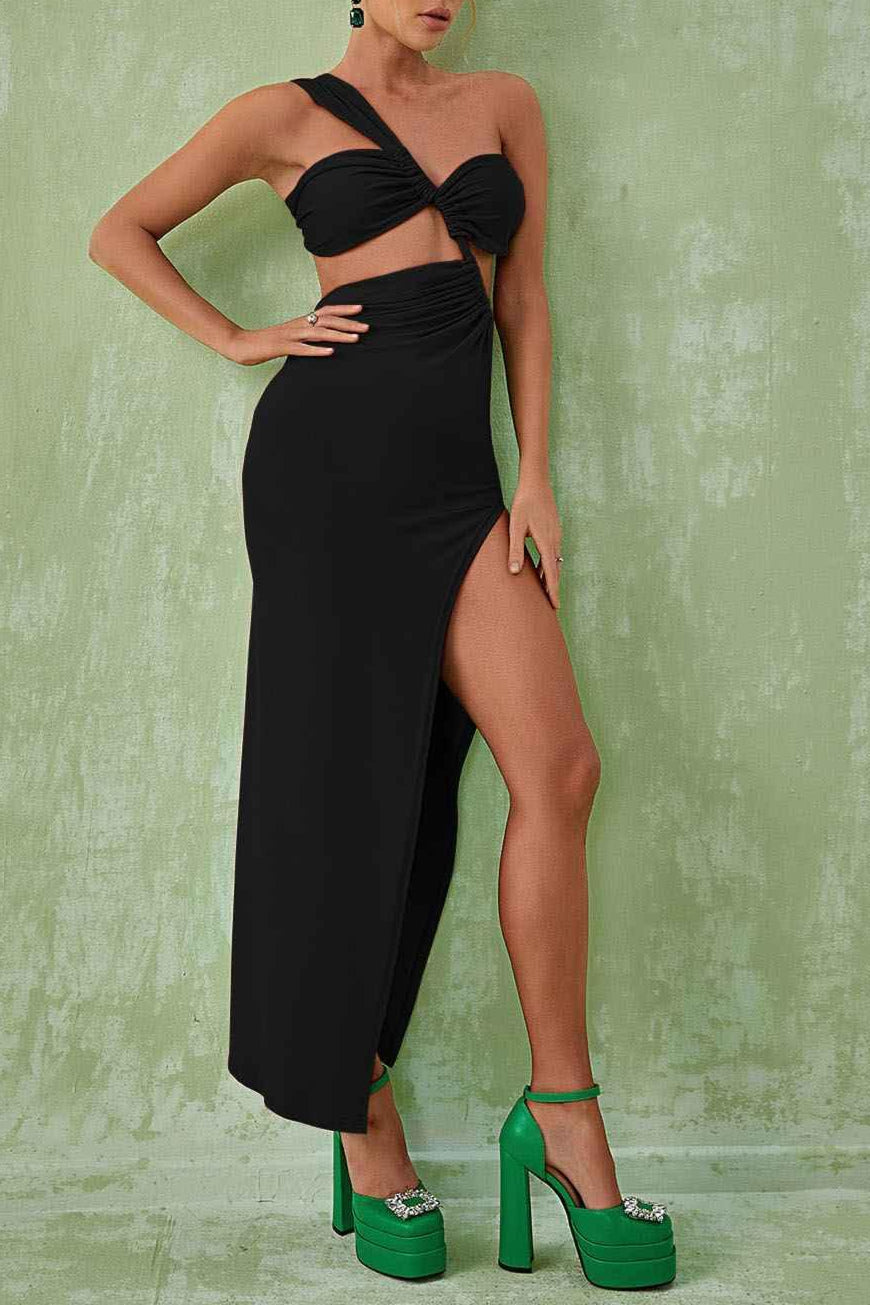 Berenice One Shoulder Cutout Maxi Dress In Black Flowering Girl