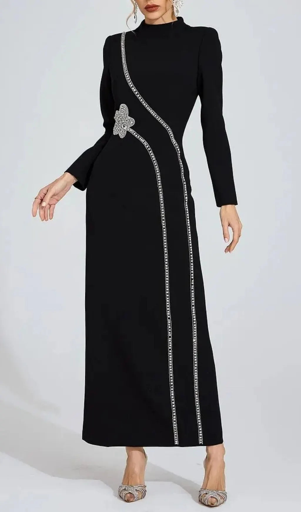 Nicola Diamond Embellished Long Sleeve Maxi Dress - Black Flowering Girl