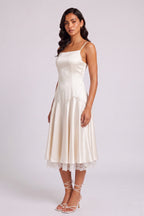 Ivory Spaghetti Strap Satin Lace Underlayer Hem Midi Slip Dress Flowering Girl