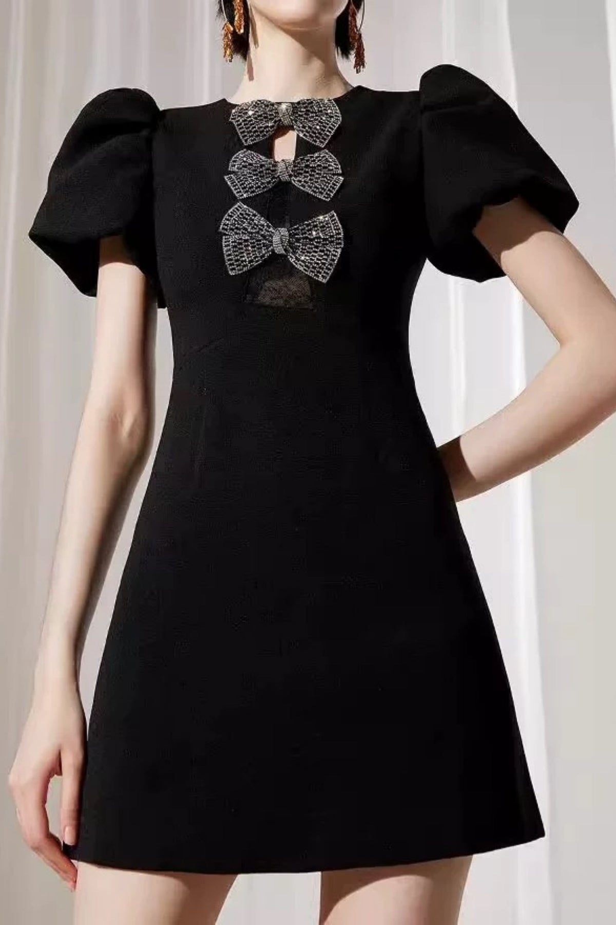 Vanessa Bow Puff Sleeve Mini Dress In Black Flowering Girl