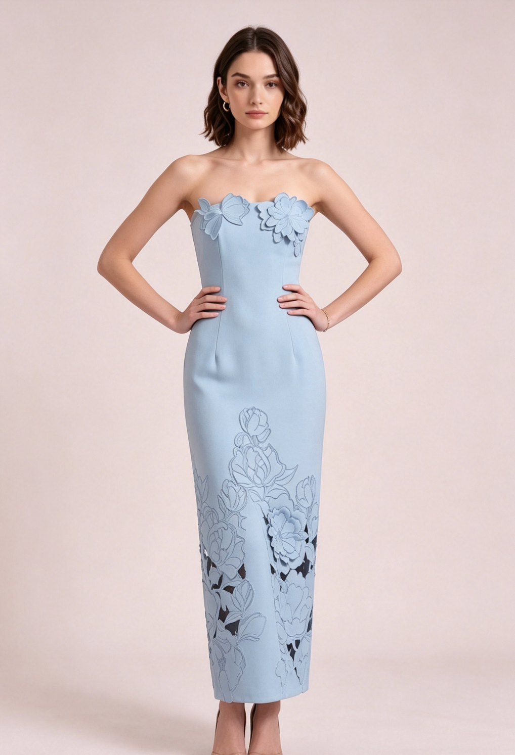 Light Blue Structured Crepe Column Dress Flowering Girl