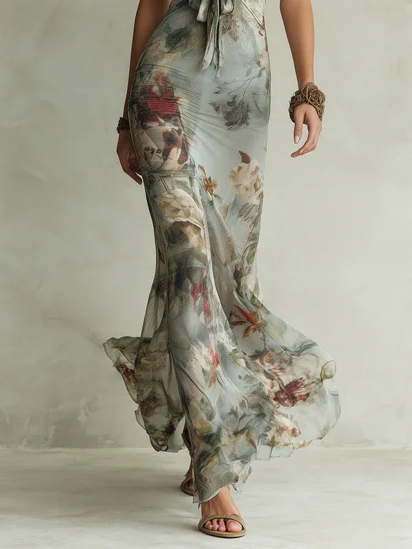Retro Floral Print Halter Neck Fishtail Maxi Dress Flowering Girl