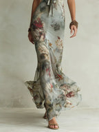 Retro Floral Print Halter Neck Fishtail Maxi Dress Flowering Girl
