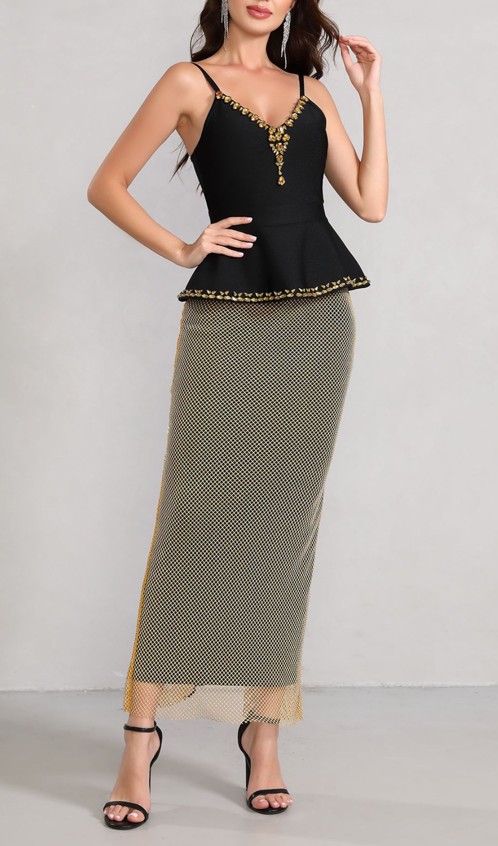 Klyra Spaghetti Rhinestone Mesh Skirt Set Flowering Girl