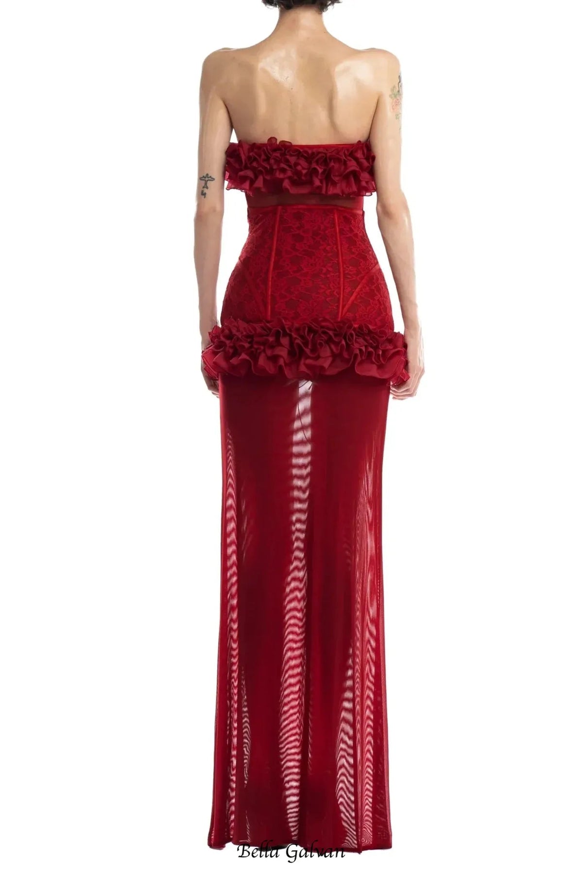 anna 3d flower lace strapless mini Dress in Red Flowering Girl