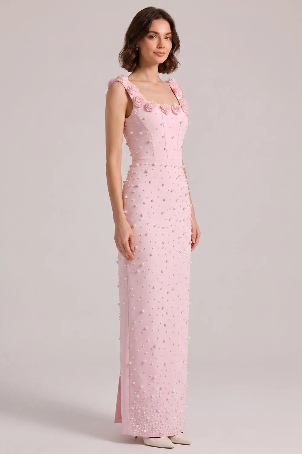 Pink 3D Rose Strap All Over Pearl Beaded Mermaid Maxi Gown Flowering Girl