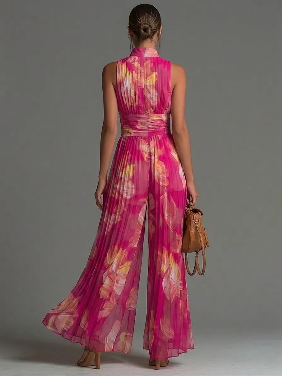Fuchsia Floral Print Sleeveless Zippered Pleated Wide-leg Chiffon Jumpsuit Flowering Girl