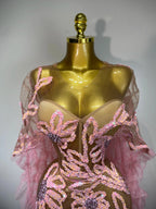 Sparkly Mesh See Through Maxi Dress In Pink Flowering Girl