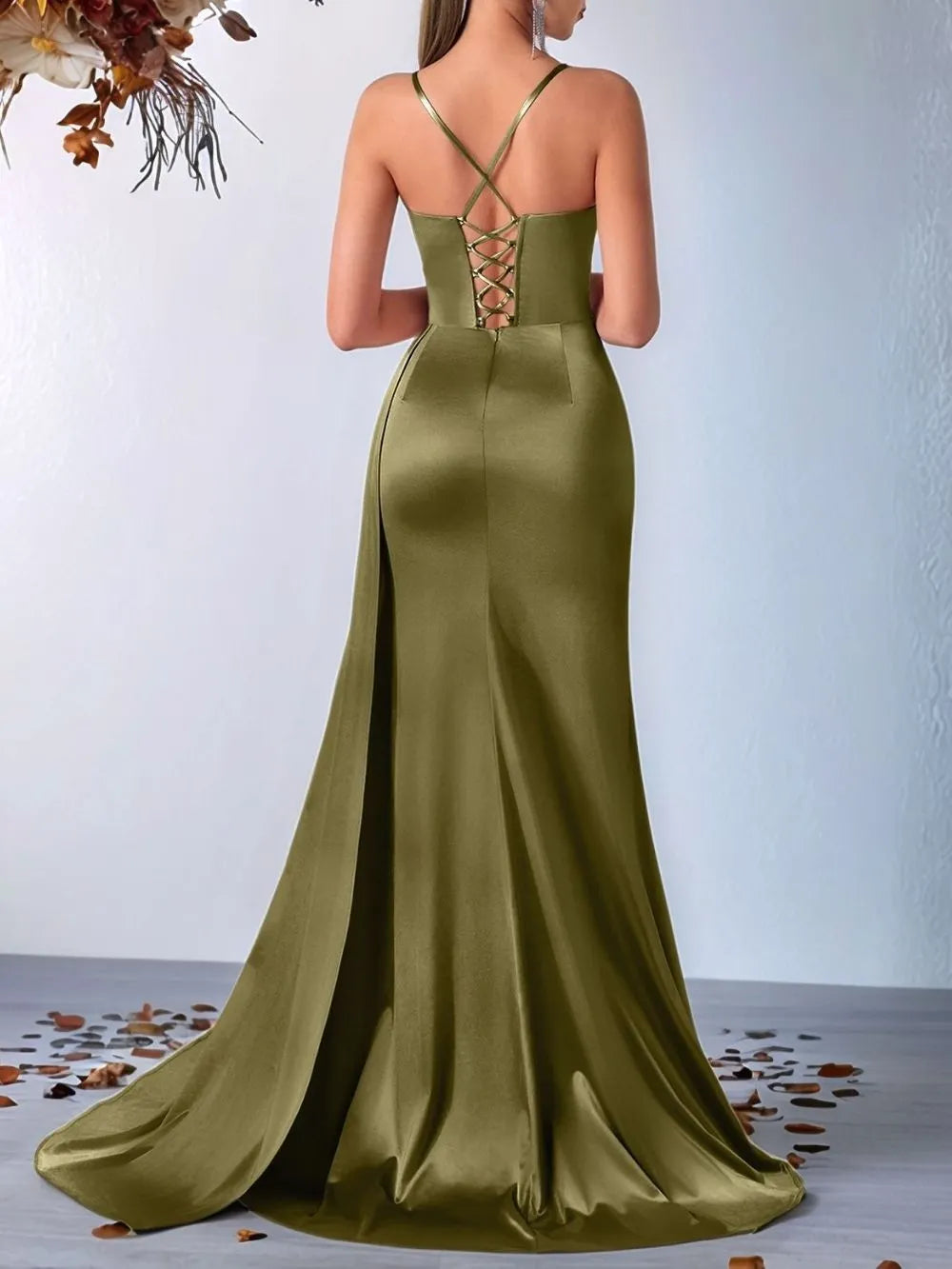 Makala Army Green Strappy Ruched Maxi Dress Flowering Girl