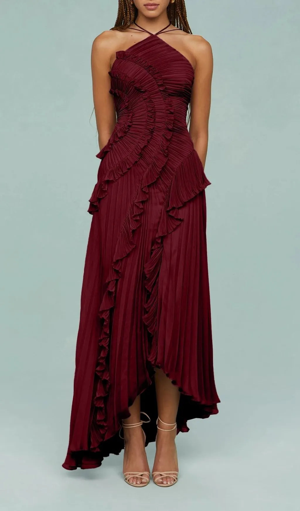 Finneas Red Halter Pleated Maxi Dress Flowering Girl