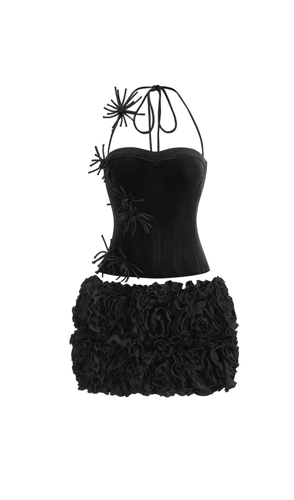 Velvet Corset Floral Mini Skirt Suit In Black Flowering Girl