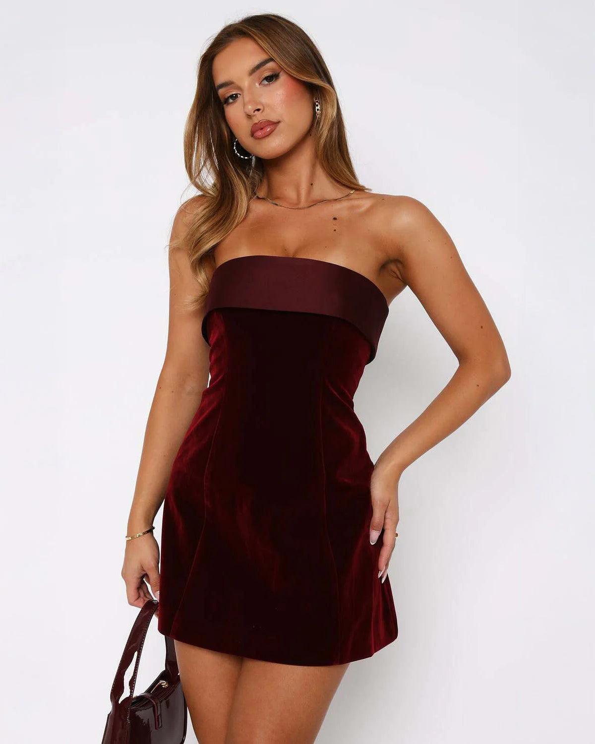 Maud Velvet Strapless Bodycon Mini Dress In Wine Flowering Girl