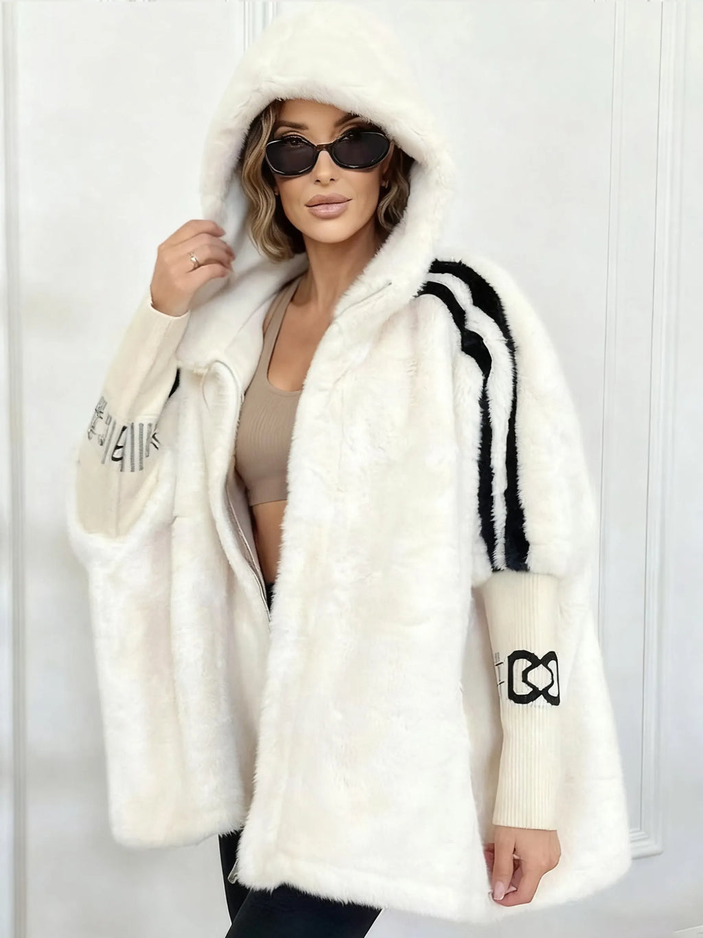 Plush Hooded Vertical Stripe Printed Casual Coat Flowering Girl