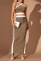 Cora White Striped Patchwork Maxi Bandage Set - Brown Flowering Girl