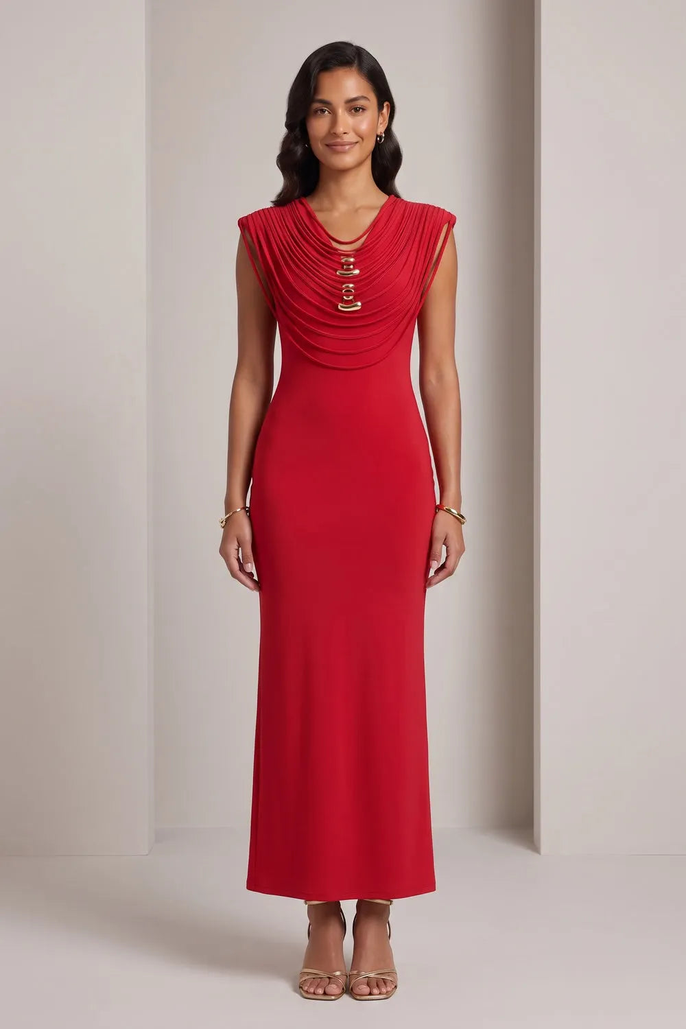 Red Stretch Jersey Or Crepe Fitted Column Dress Flowering Girl