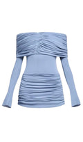 Lekeisha Off Shoulder Draped Mini Dress in Blue Flowering Girl