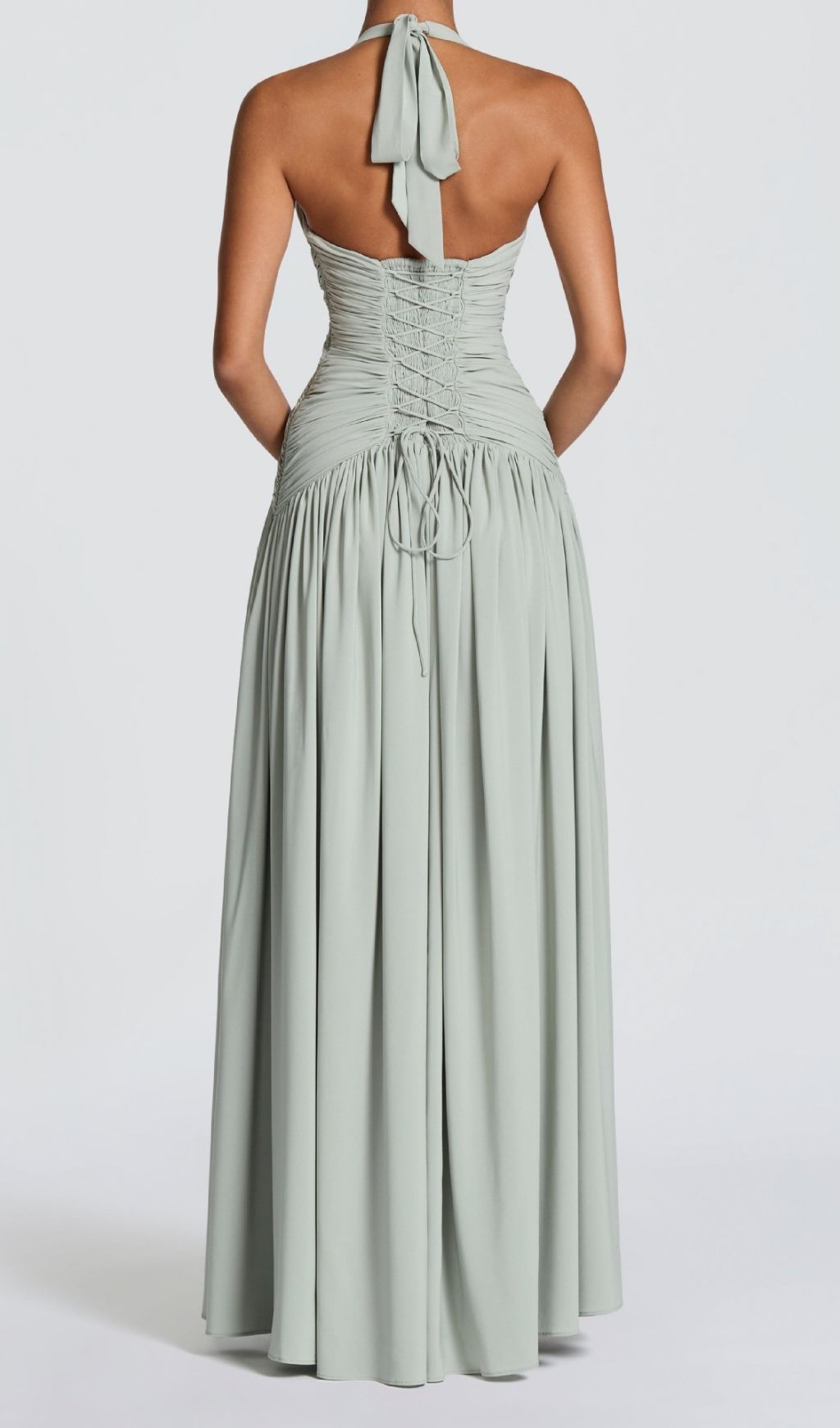 Kelley Celadon Halter Ruched Maxi Dress Flowering Girl
