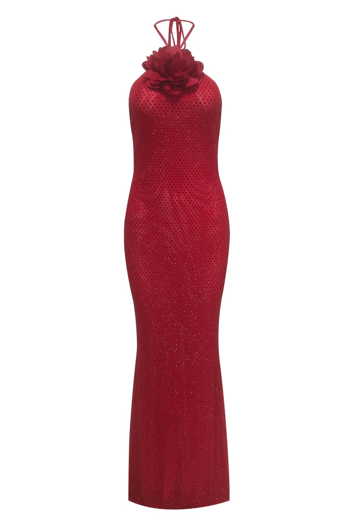 ursula 3d flower sequin halter maxi dress in red Flowering Girl