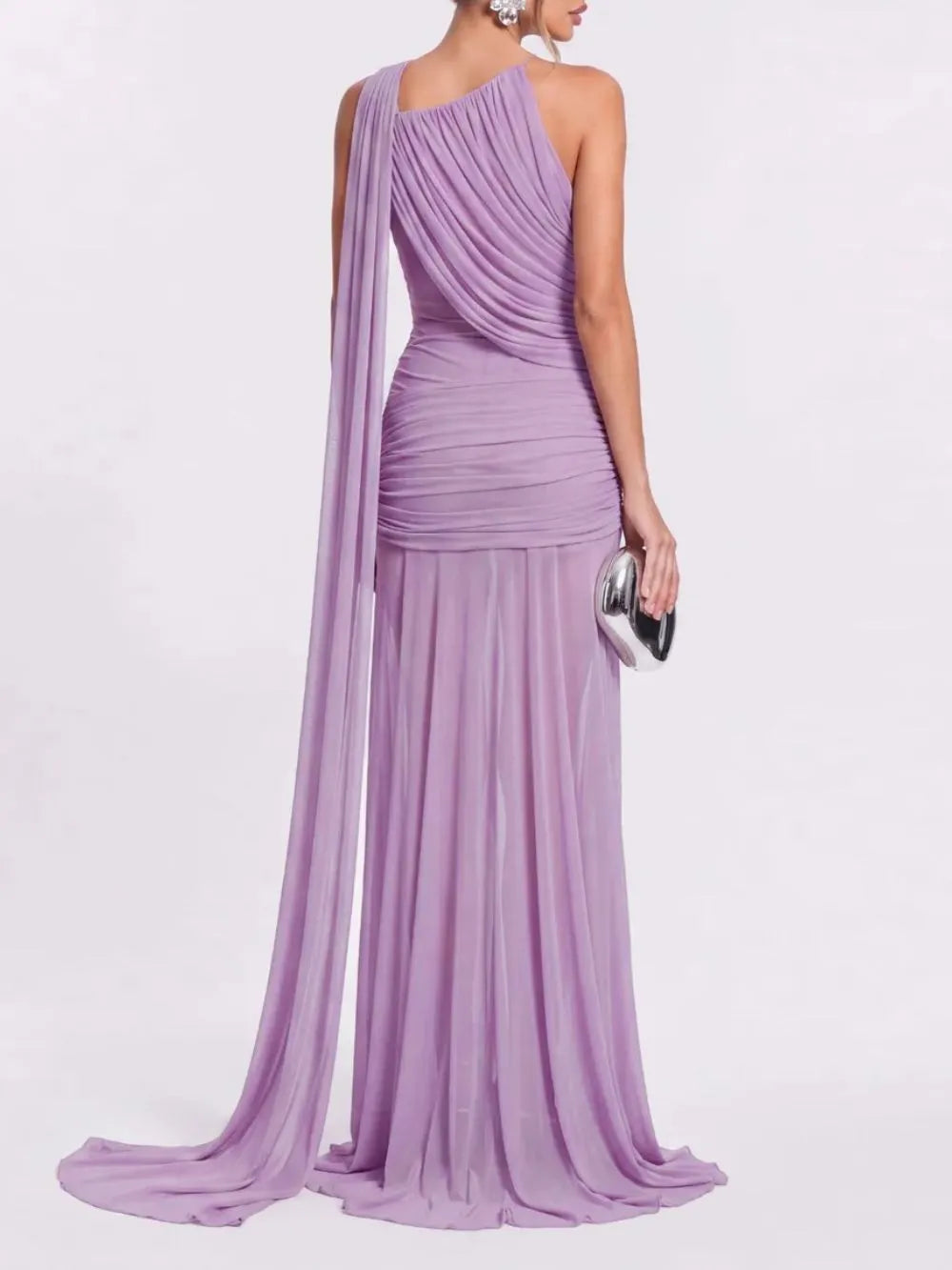Faskel Ruched Split Maxi Dress In Purple Flowering Girl