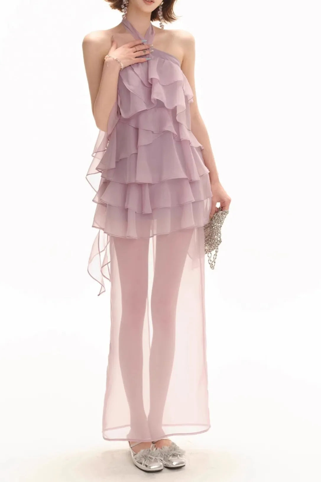 Backless Multi-layer Ruffle slit maxi dress in lilac Flowering Girl
