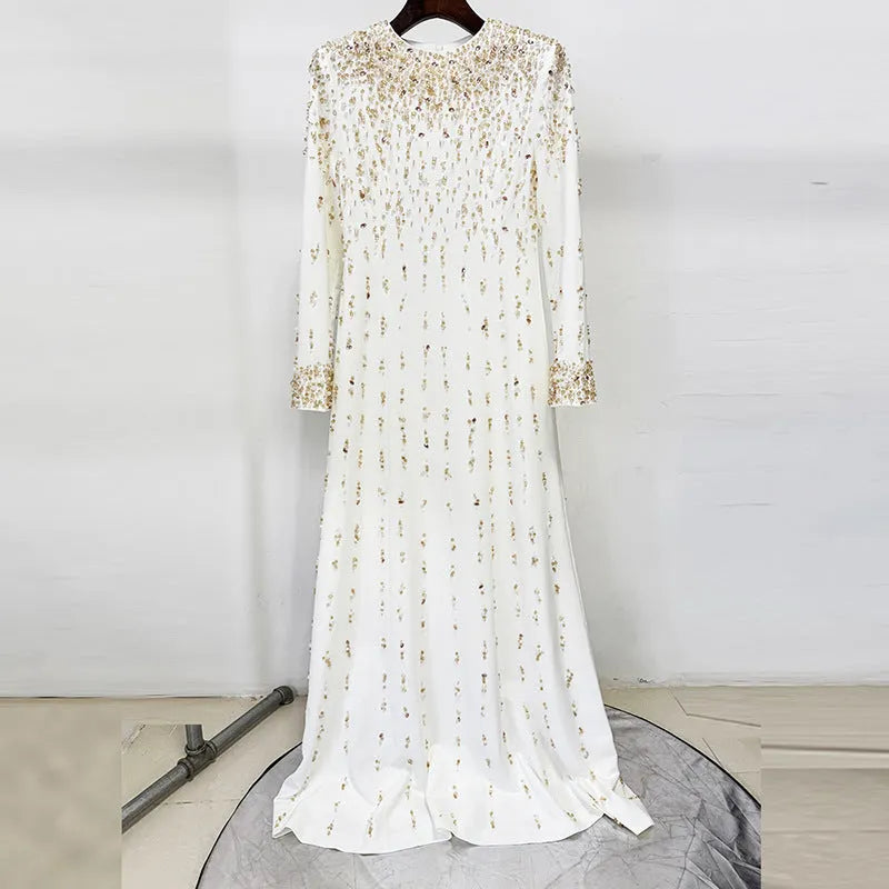 White Long Sleeve Beaded Diamond Maxi Dress Flowering Girl