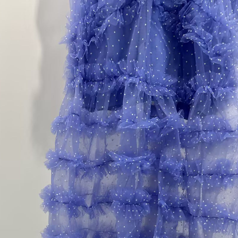 v-neckline tiered mesh gown in blue Flowering Girl