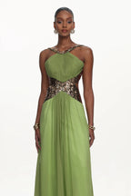 Virginia Green Halter Pleated Cut Out Sequin Maxi Dress Flowering Girl