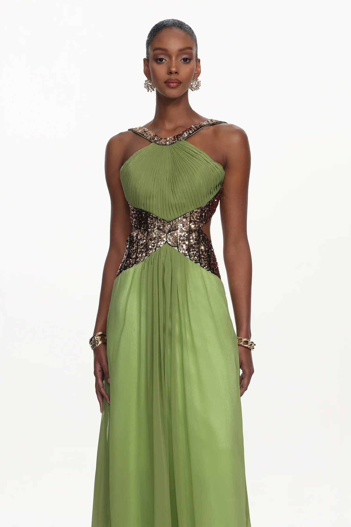 Virginia Green Halter Pleated Cut Out Sequin Maxi Dress Flowering Girl