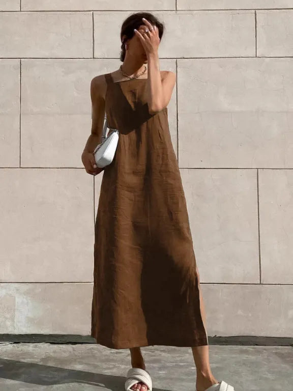 Cotton Linen Side Slit Strap Midi Dress Flowering Girl