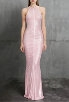 Hollow Mesh Rhinestone Sleeveless Maxi Dress In Pink Flowering Girl