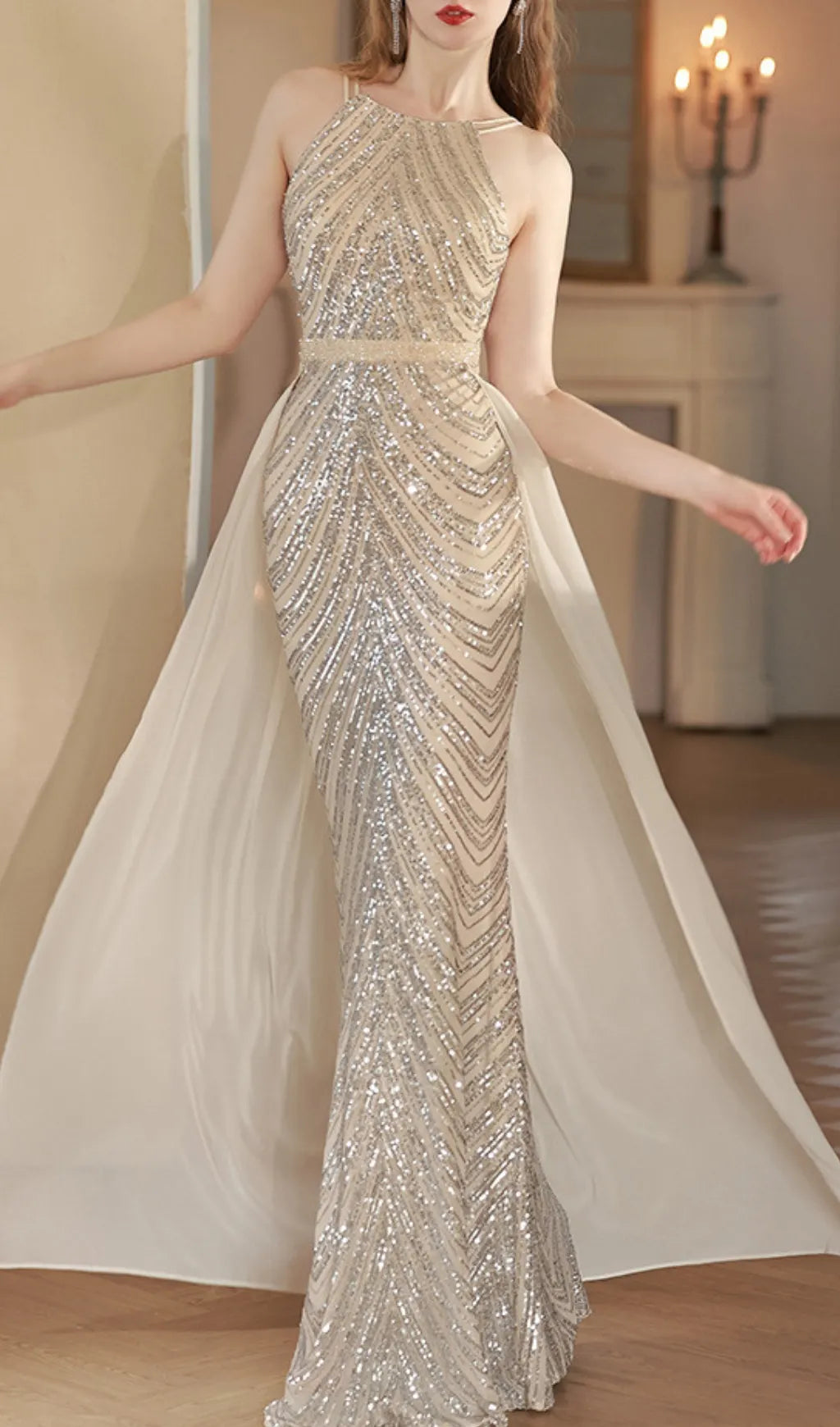 Colombe Champagne Halter Sequin Maxi Dress Flowering Girl