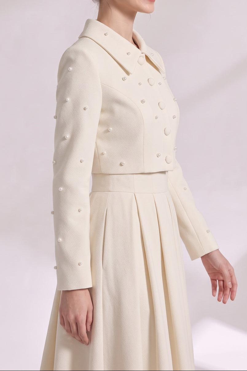 Pearl Embellished Collar Crop Blazer &amp; High Waist Pleated Midi Skirt Two Piece Set Flowering Girl