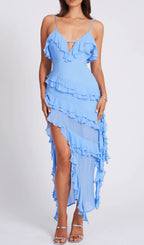 Ruffle Cut Out Asymmetric Maxi Dress - Blue Flowering Girl