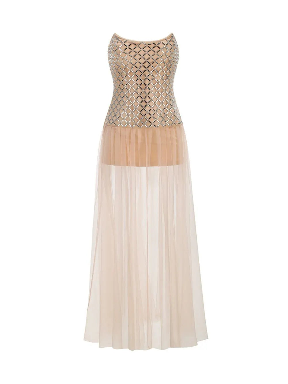 Strapless Embellished Mesh A Line Maxi Dress Flowering Girl