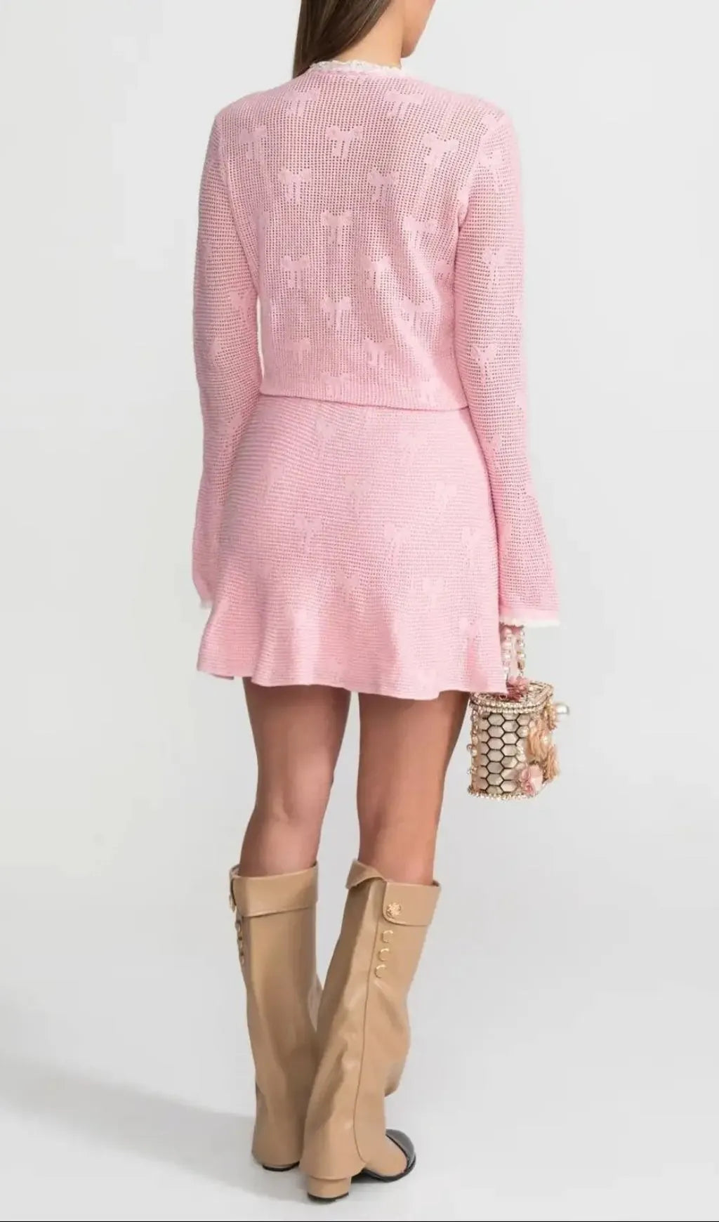 Joanna Knit Co-Ord Set With Pearl & Bow Detailing – Pink Flowering Girl