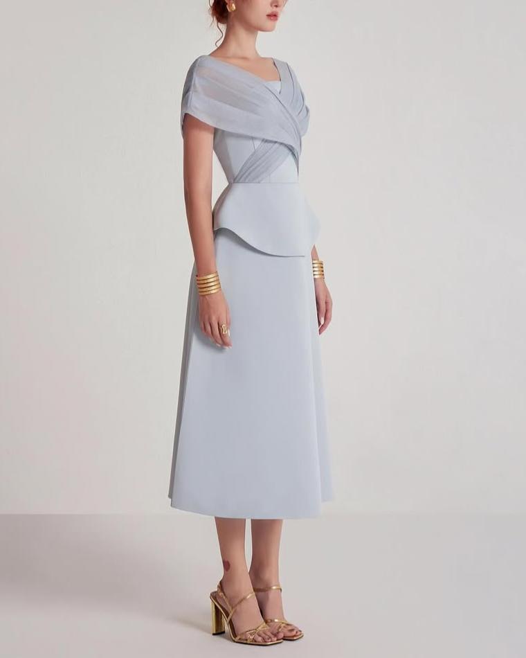 Mesh Patchwork Midi Dress In Light Grey Flowering Girl