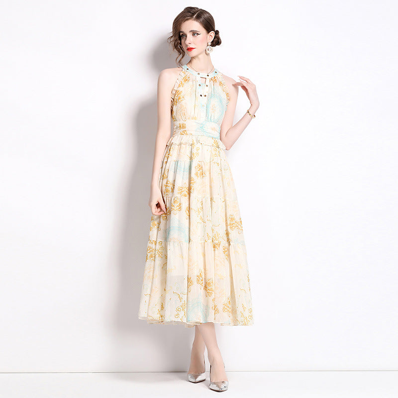 elvira print sleeveless halterneck midi dress in yellow Flowering Girl