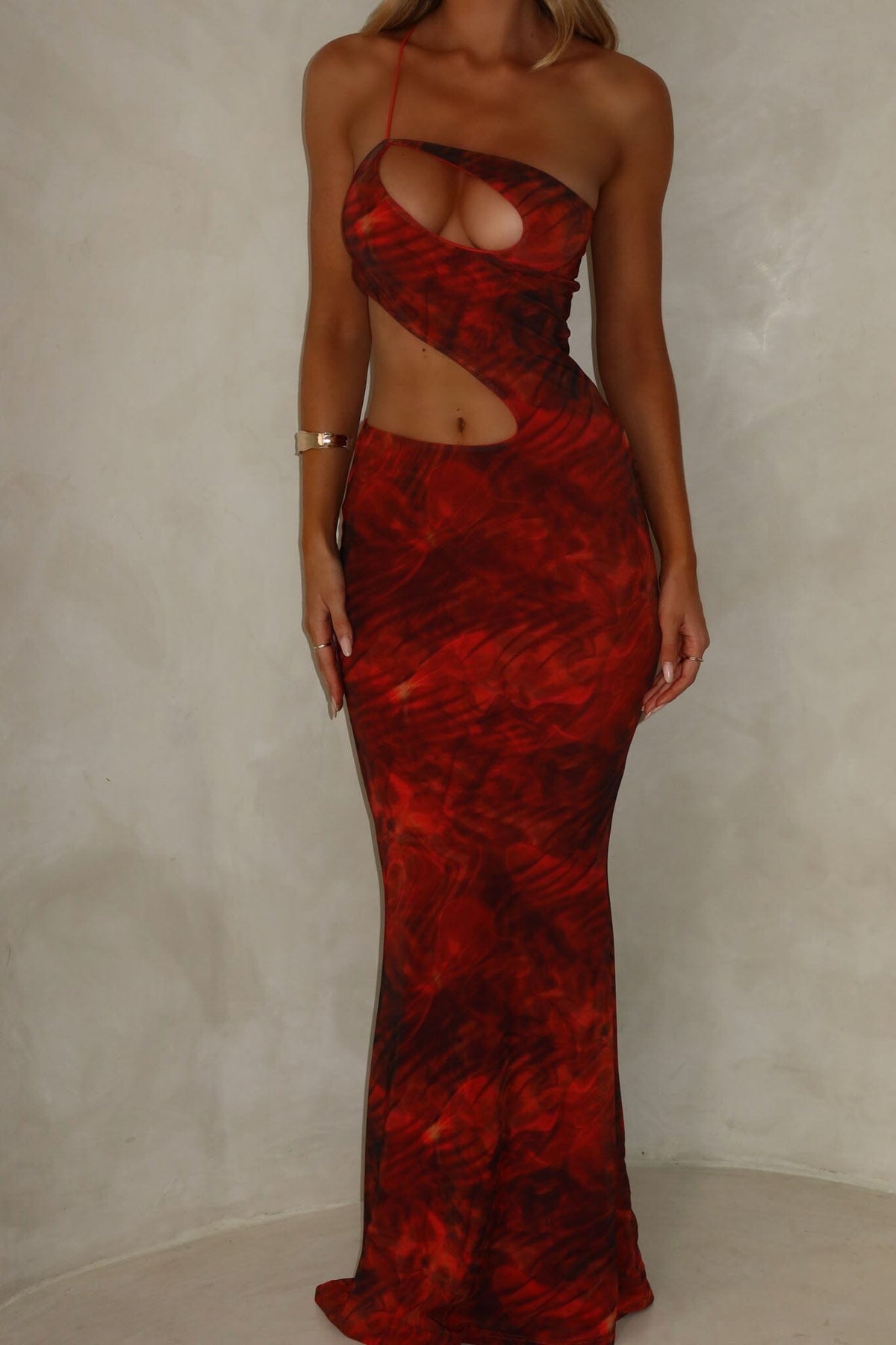 Cut Out Printed Maxi Dress Orange Flowering Girl