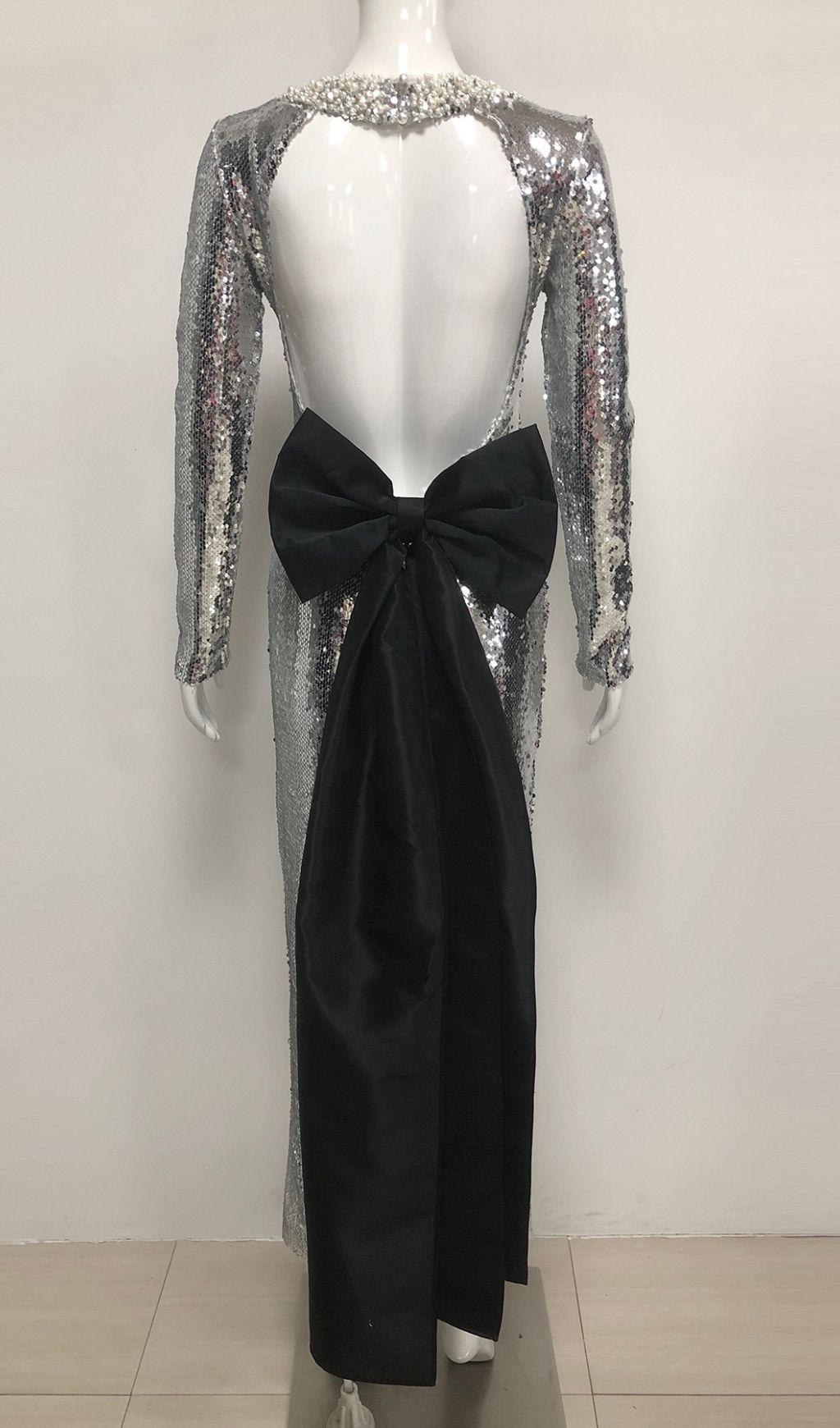 Jenesis Silver Sequin Bow Backless Maxi Dress Flowering Girl