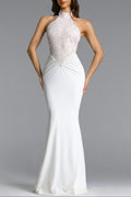 Fahrenheit White Halter Ruched Lace Maxi Dress Flowering Girl