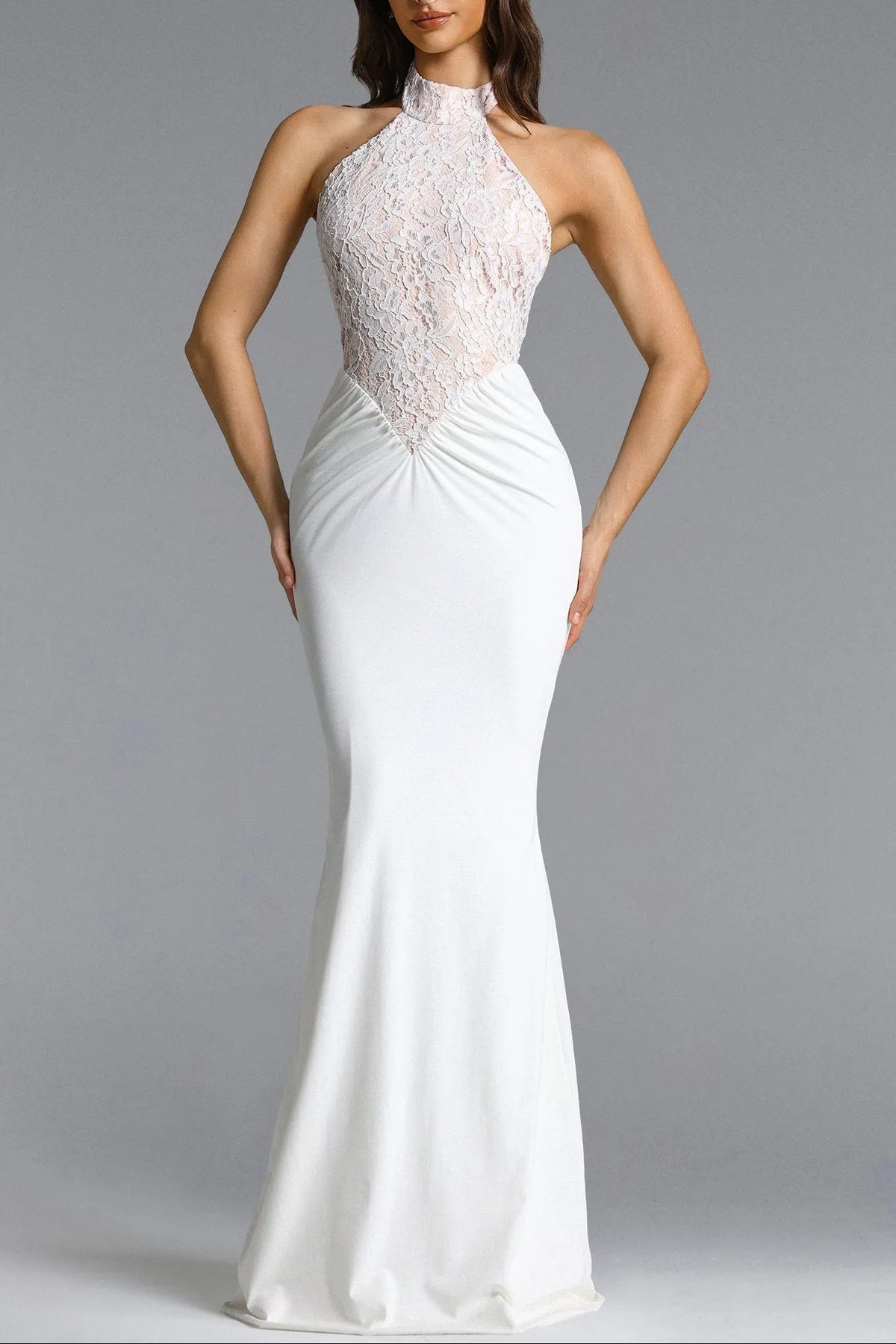 Fahrenheit White Halter Ruched Lace Maxi Dress Flowering Girl